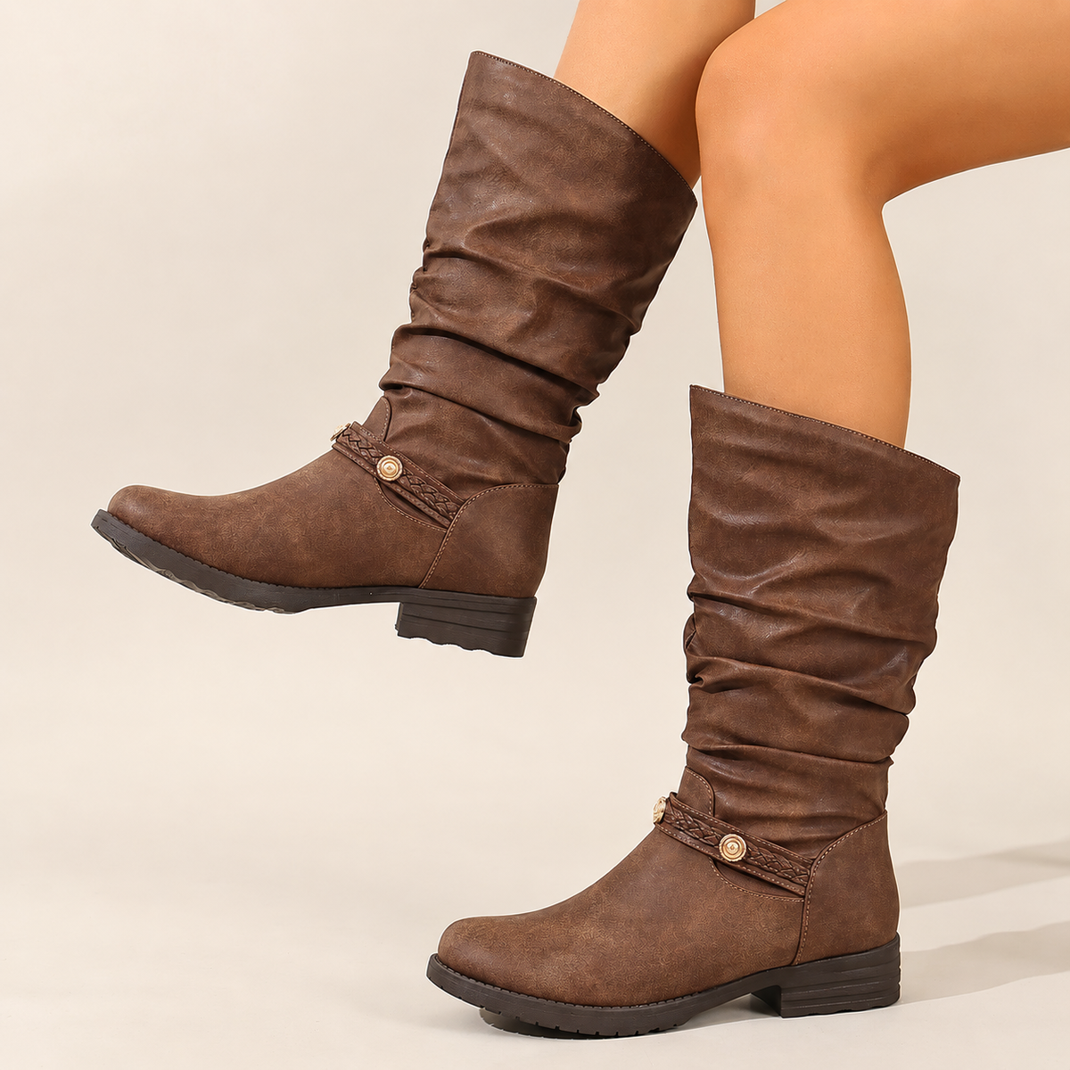 Women's Retro Slouch Buckle Mid-Calf Boots