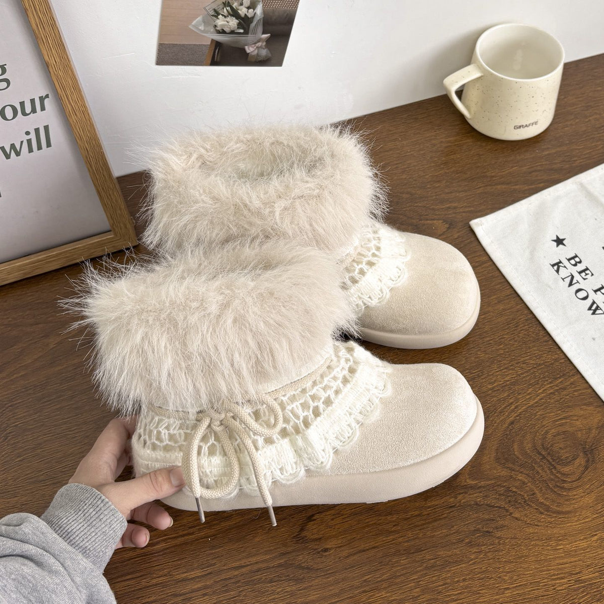 Women's Faux Fur Trim Knit Lace-Up Winter Boots