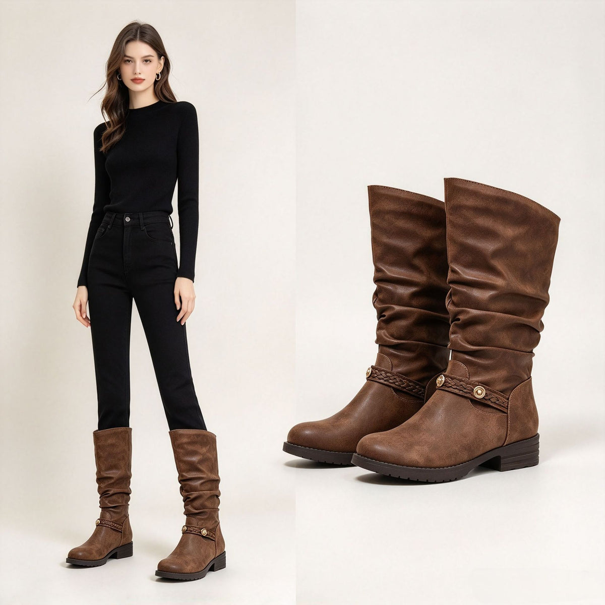 Women's Retro Slouch Buckle Mid-Calf Boots